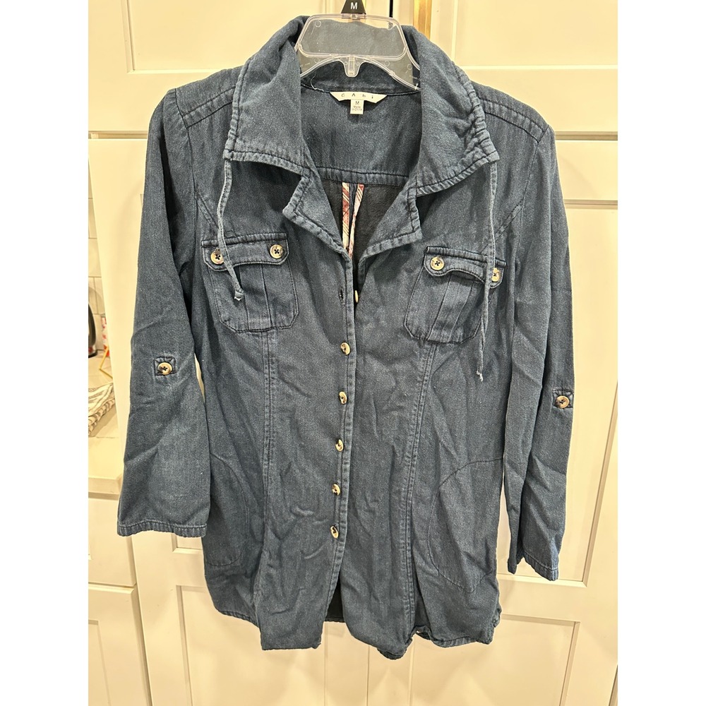 Cabi Women Blue Cotton Utility Jacket Drawstring Waist Button Front Size M